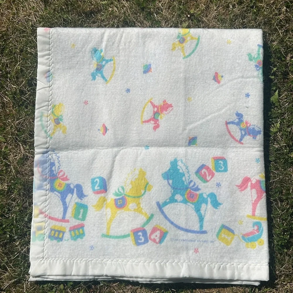 Vintage 1987 Baby Blanket Rocking Horse Soft Care Large Satin Trim White Pink